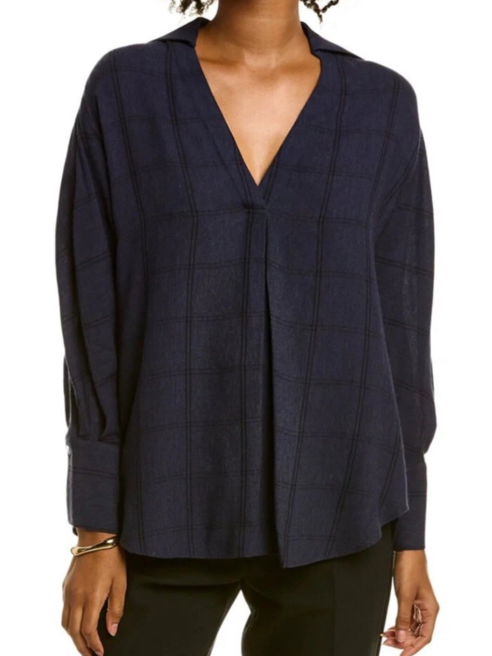 Vince Wool Blend Navy Windowpane V-Neck Top